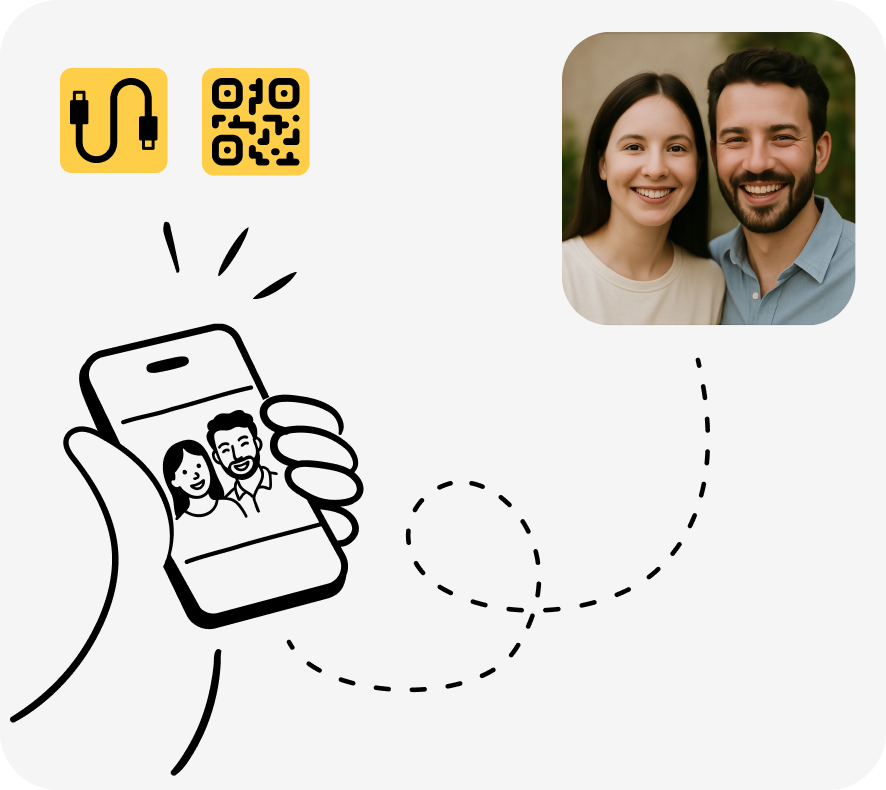 Ilustracja pokazująca przesyłanie zdjęcia z telefonu do Drukomatu za pomocą kabla lub kodu QR.