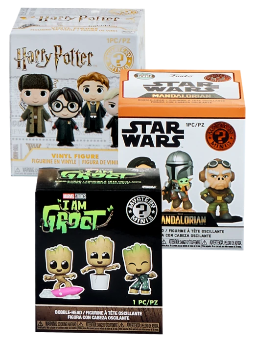 Trzy pudełka z figurkami, kolejno Harry Potter, Star Wars, Marvel