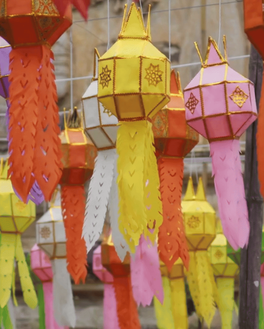 3 slide gif video highlighting Thailand, including colorful lanterns, elephants, and a buddha with lit lanterns in the air.