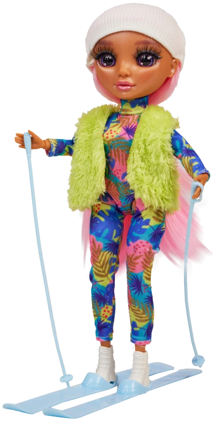 Lalka w kolorowym stroju na nartach