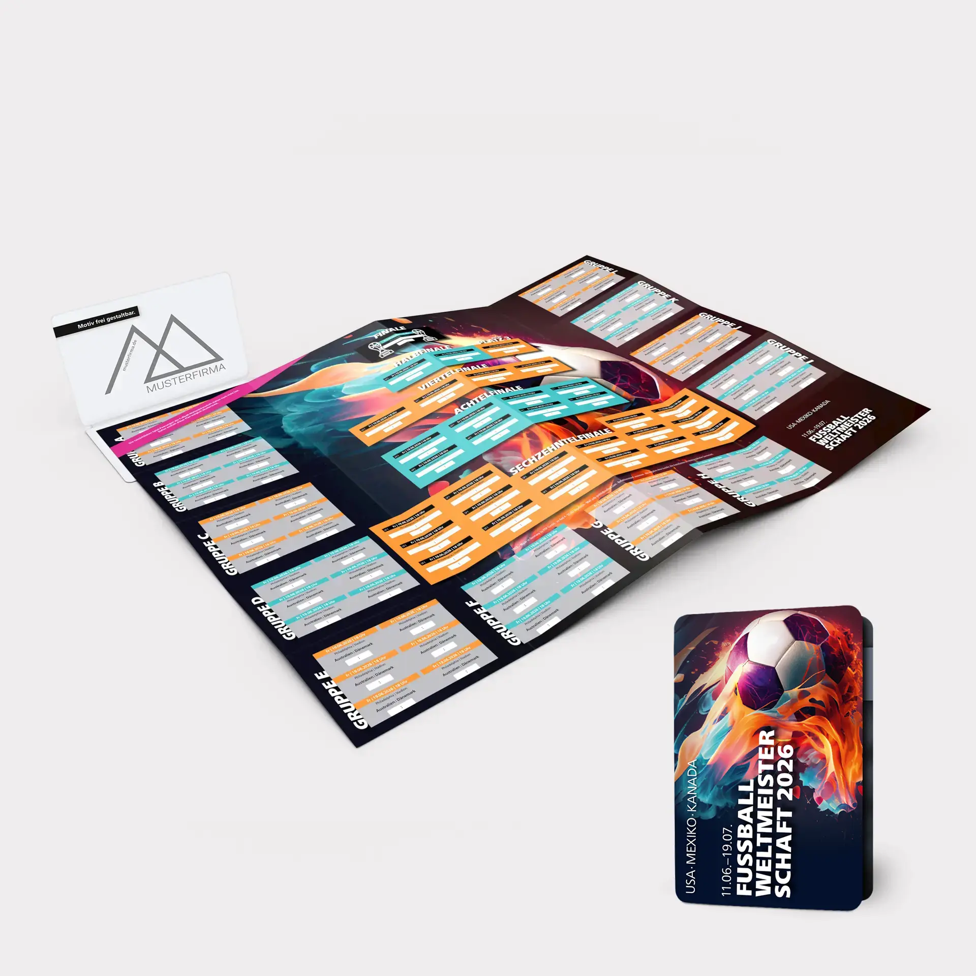 WM-Card 2026 im Design Feuerball &ndash; Actionreicher Pocket Planer mit individuellem 4C-Logo-Eindruck.