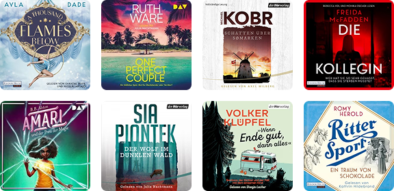 Acht Hörbuchcover: A Thousand Flames Below, One Perfect Couple, Kobr – Schatten über Somarken, Die Kollegin, Amari und die Nachtbrüder, Der Wolf im dunklen Wald, Wenn Ende gut, dann alles, Ritter Sport – Ein Traum von Schokolade