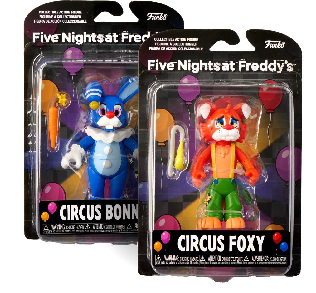 Dwie figurki z filmu Five Nights at Freddy's w opakowaniach: Circus Bonny i Circus Foxy
