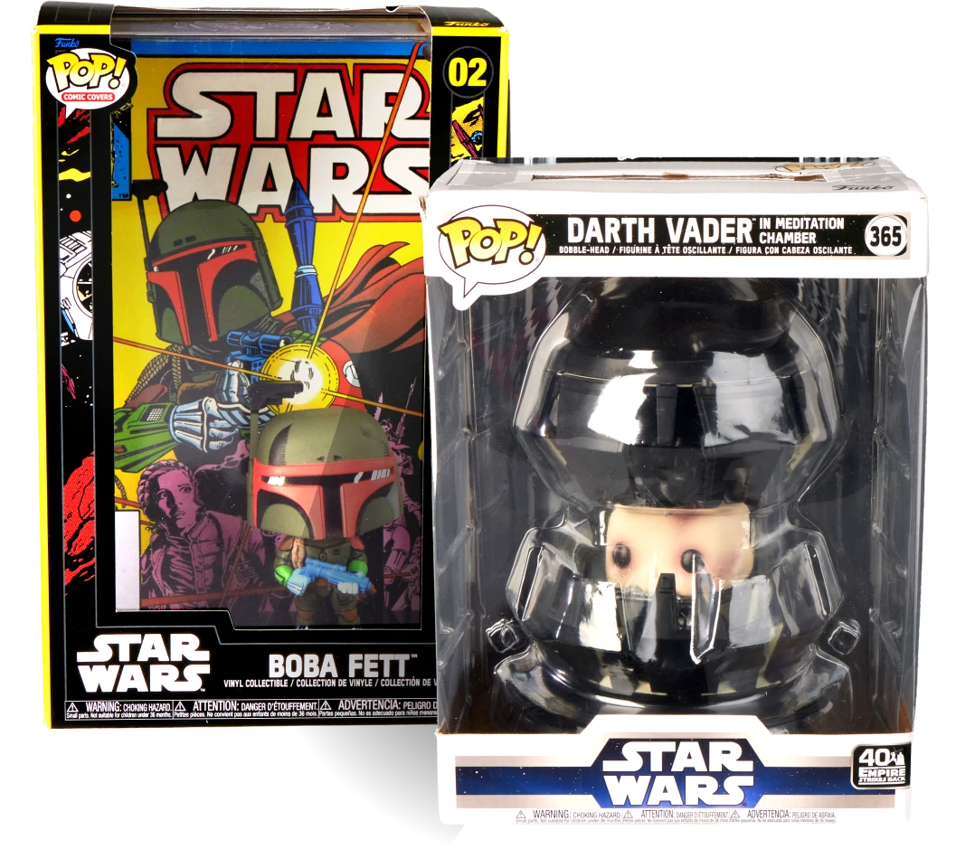 Dwie figurki Funko POP w opakowaniach z postaciami z filmu Star Wars