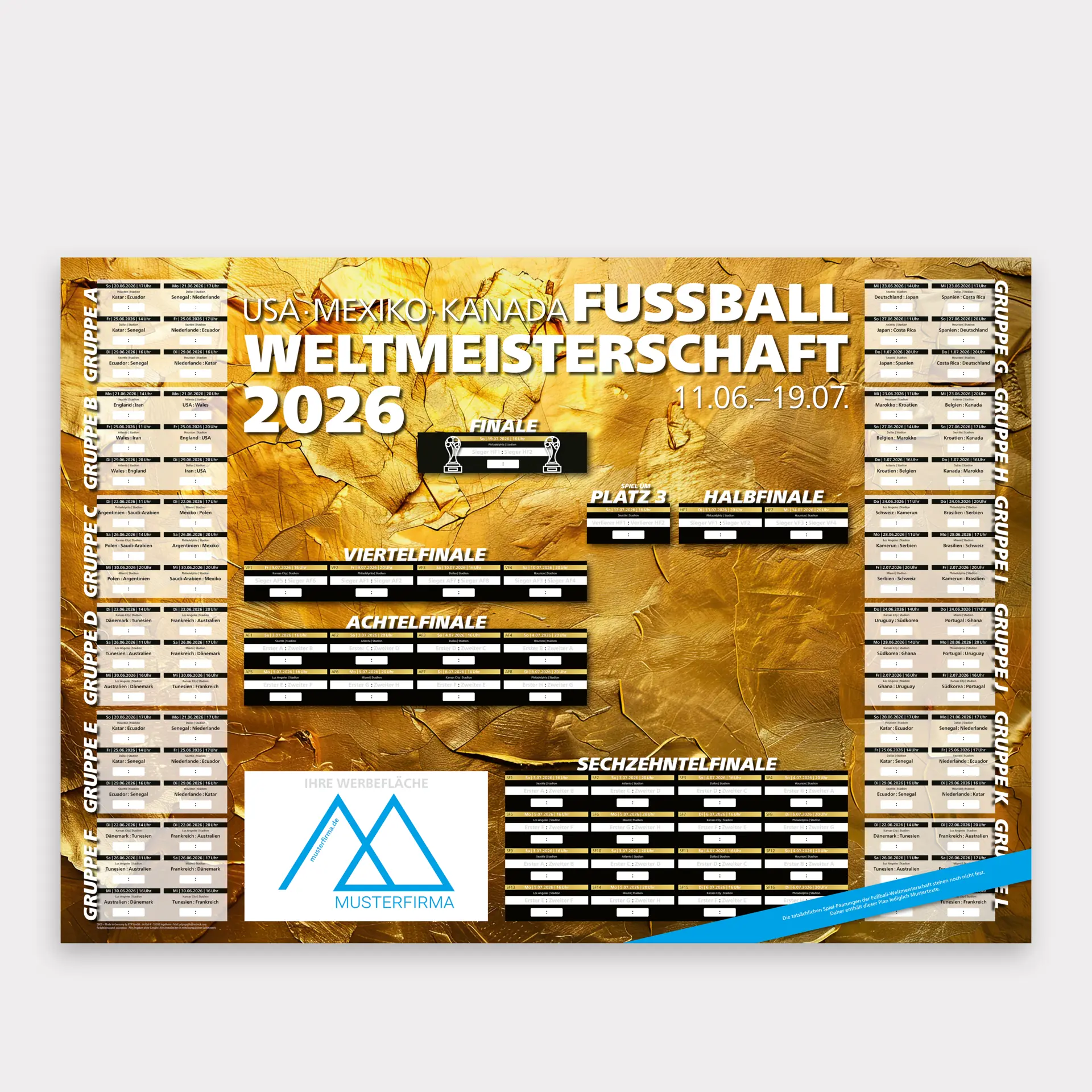 WM-Wandplaner 2026 Motiv Pokalgold &ndash; Hochwertiger A1-Plakat-Spielplan in edler Gold-Optik, ideal als Werbegeschenk f&uuml;r B&uuml;ros und Gesch&auml;ftsr&auml;ume.