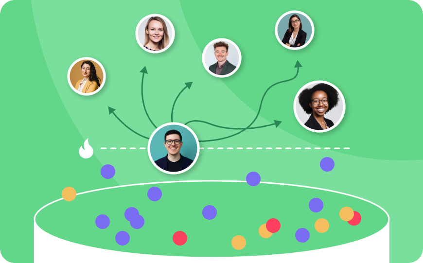 Illustration of professionals connected to a central figure, representing distribution and credibility of skills.