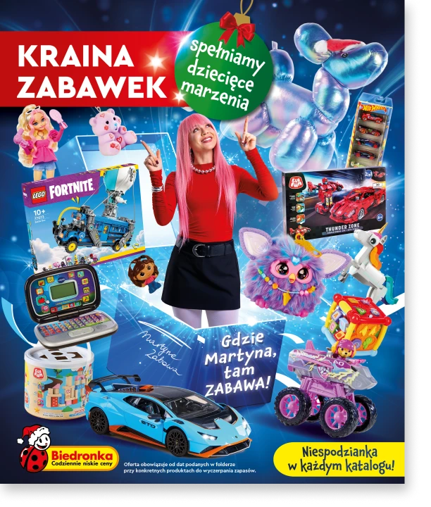 Strona okładka katalogu z zabawkami, w kolorze niebieskim