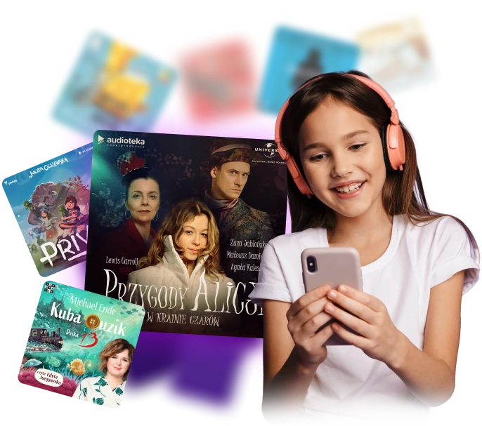 Zdjęcie dziewczynki słuchającej audiobooka,w  tle różne okładki audiobooków dla dzieci
