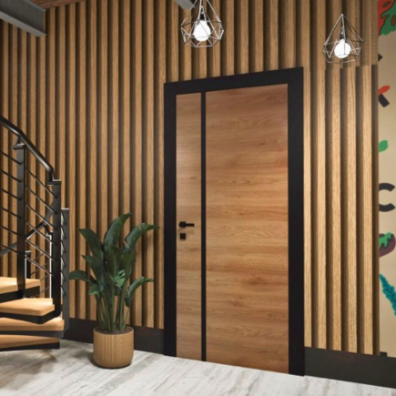 Drzwi wewnętrzne Vasco drewnopodobne w nowoczesnym wnętrzu Drzwi wewnętrzne Vasco w kolorze drewna w nowoczesnym korytarzu przy schodach
