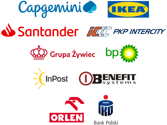 Capgemini, Ikea, Santander, PKP Intercity, Grupa Żywiec, bp, InPost, Benefit Systems, Orlen, Bank Polski