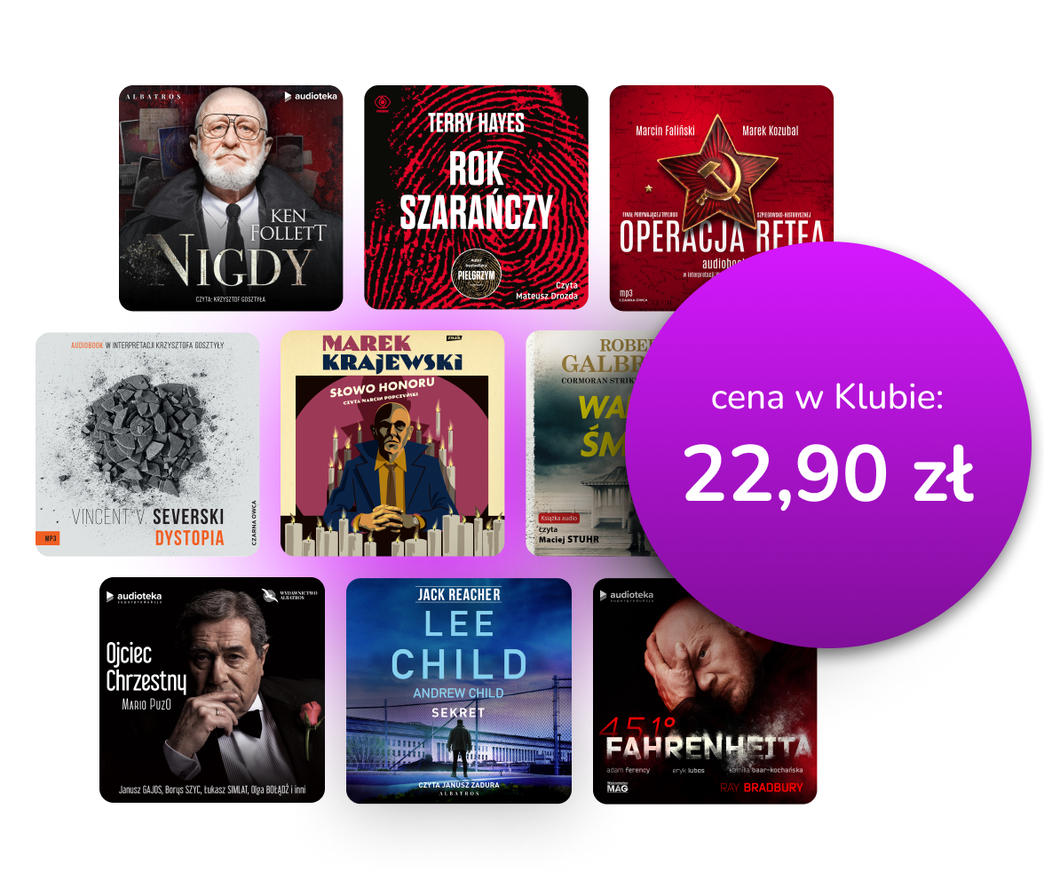Okładki dostępnych audiobooków z nałożoną na nie ceną 22,99 zł