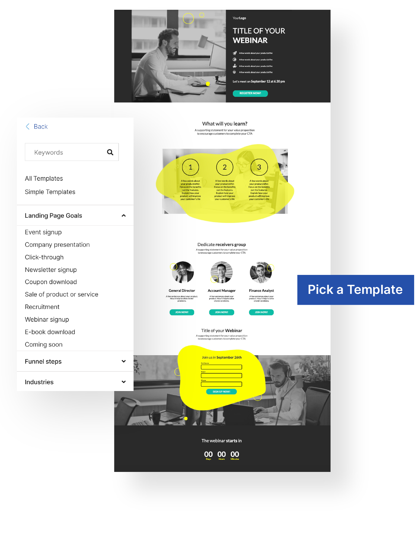 Black and white example of a landing page template