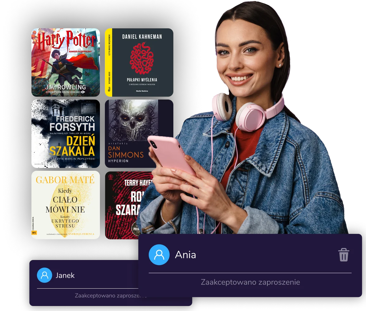 Zdjęcie przedstawiające młodą kobietę korzystającą z aplikacji Audioteki