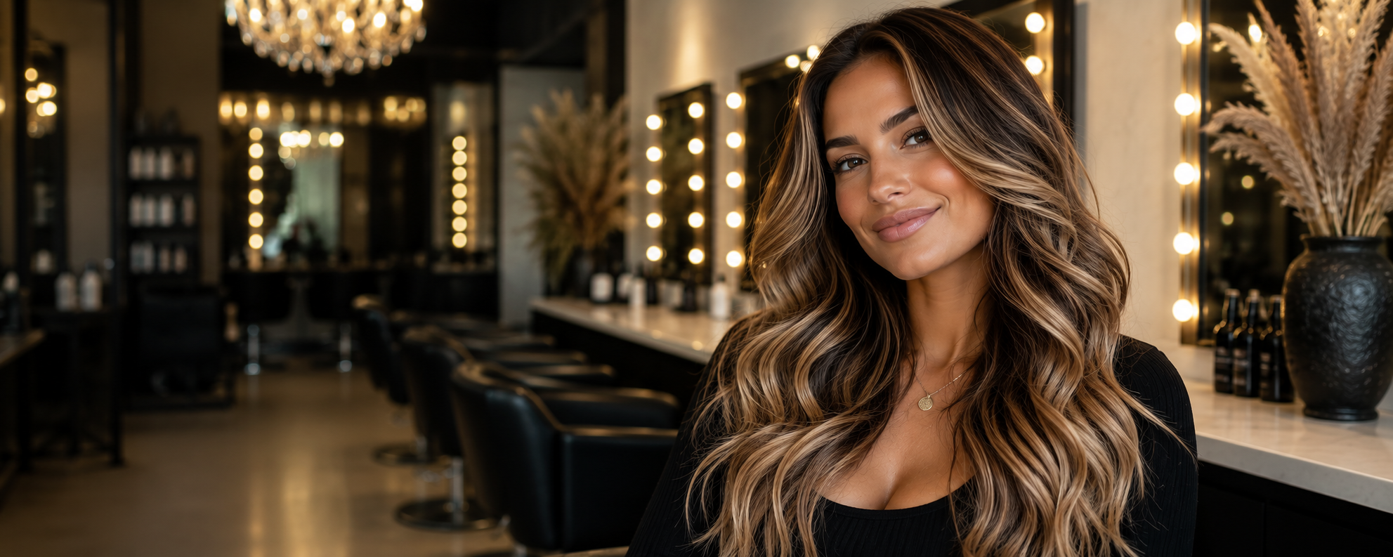 Woman with long luxurious hair extensions in warm golden tones, professional close-up portrait