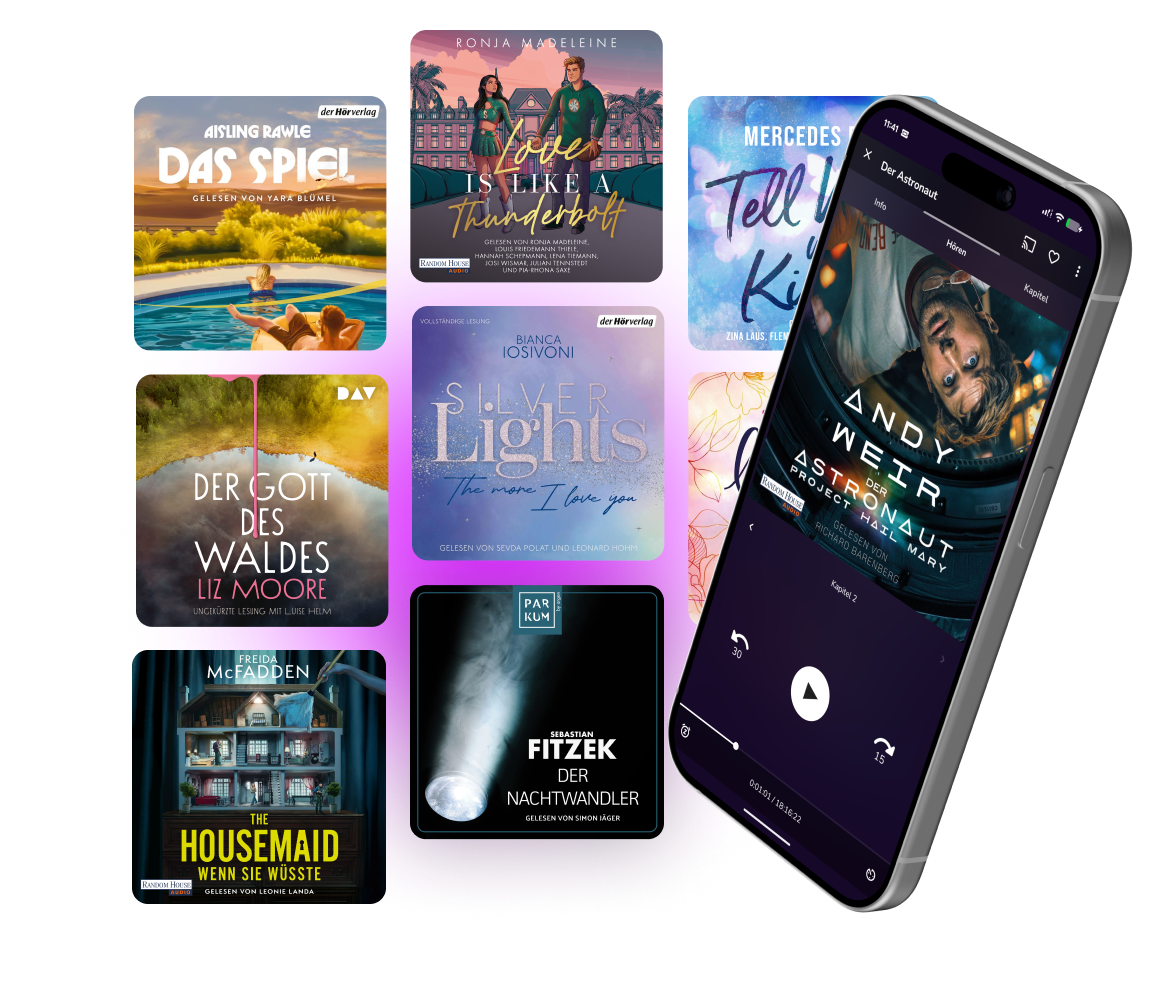 Smartphone mit ge&ouml;ffneter H&ouml;rbuch-App neben sieben H&ouml;rbuchcovern verschiedener Titel und Autoren