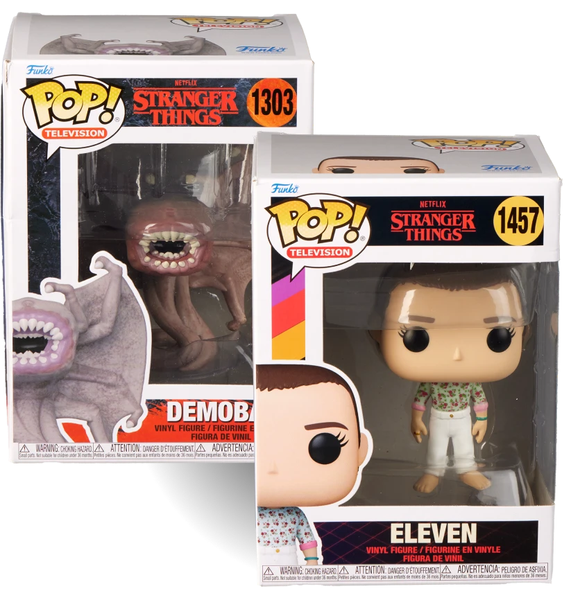 Dwie figurki Funko POP w opakowaniach z postaciami z filmu Stranger Things