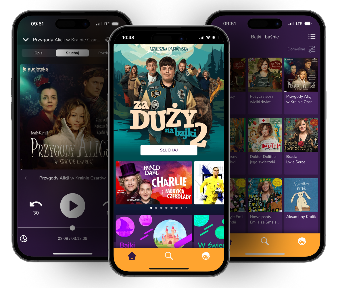 Grafika przedstawiająca okładki audiobooków dla dzieci w aplikacji mobilnej
