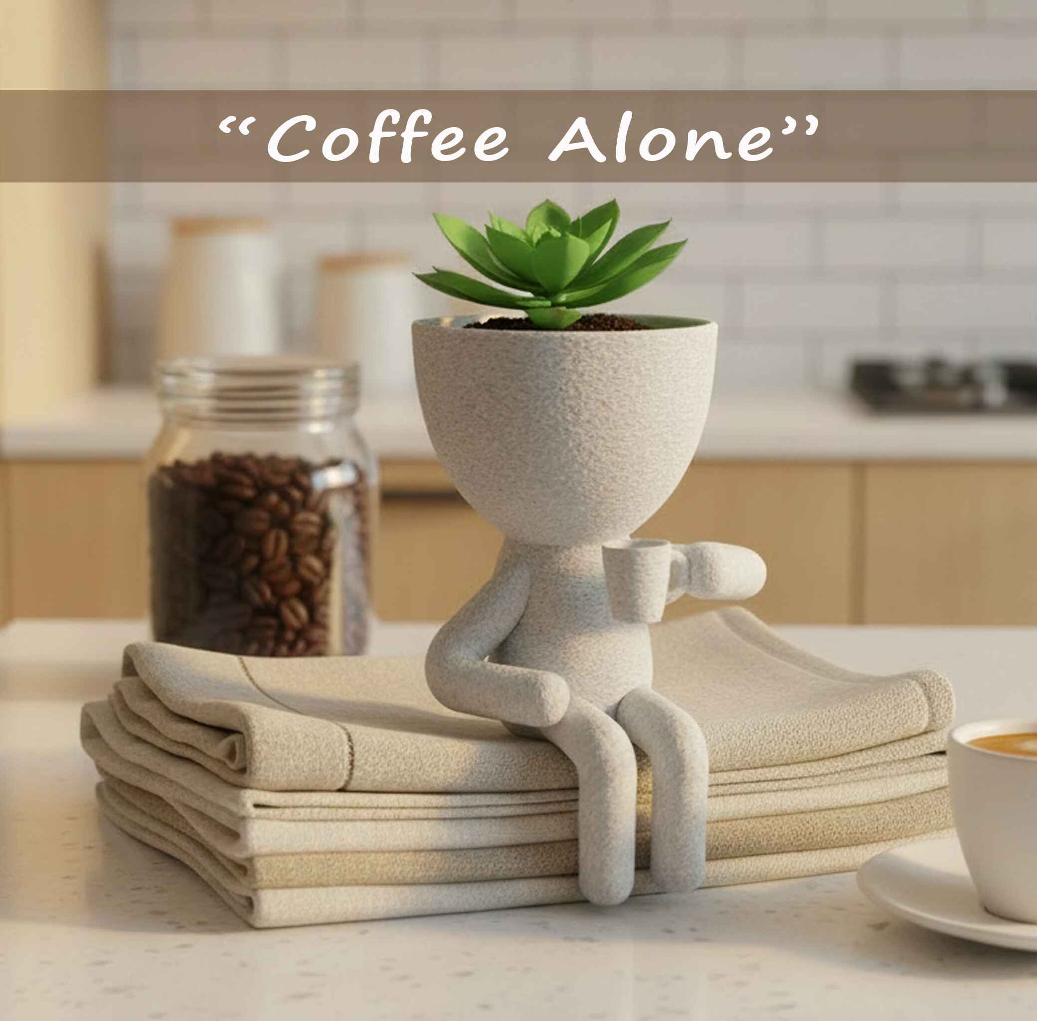 Coffee Alone 20cm People Planter with drainage system - Eco-friendly 3D printed desk decor