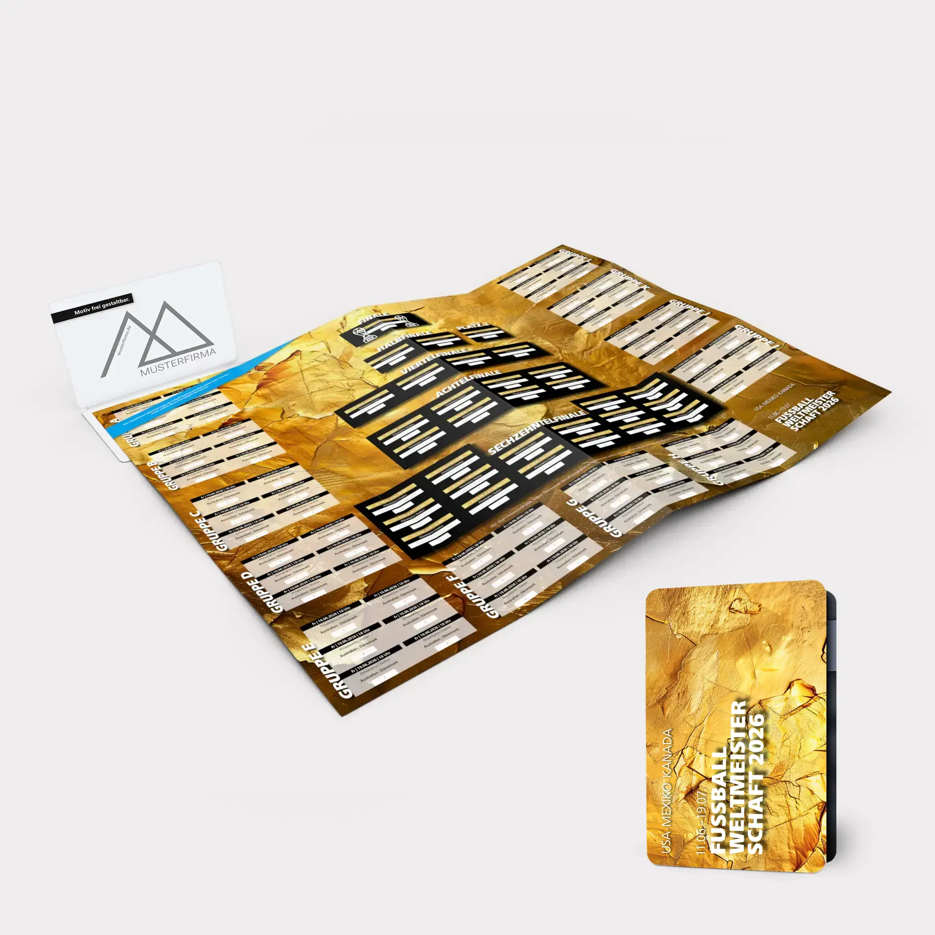 Personalisierte WM-Card 2026 &ndash; Kompakter Fu&szlig;ball-Spielplan f&uuml;r die Hosentasche mit individuellem Firmenlogo.