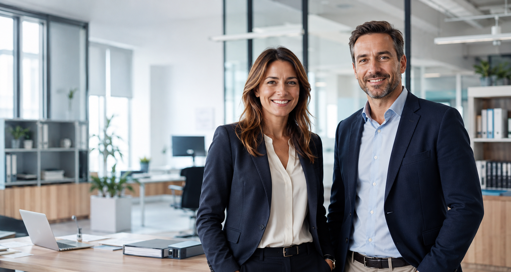 Due professionisti sorridenti in abito da ufficio