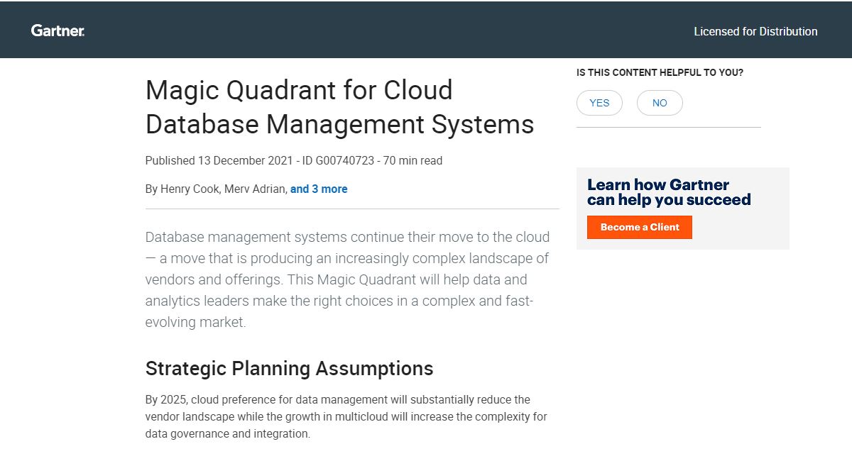 Gartner Magic Quadrant for Cloud DBMS