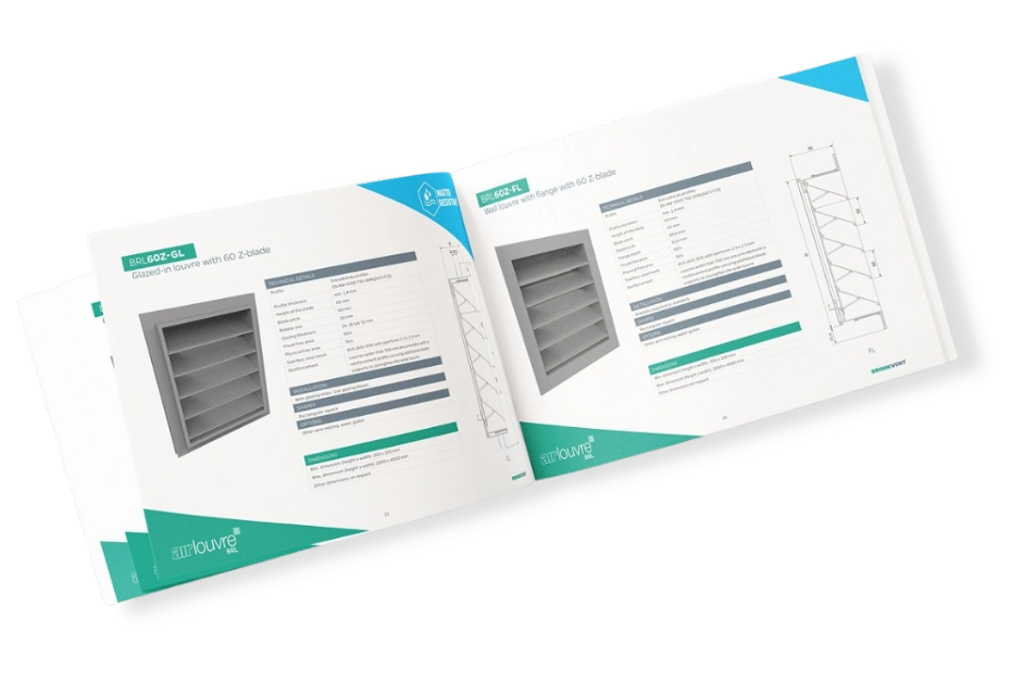 Open spread of Brookvent BRL Aluminum Ventilation Grilles Catalogue showing installation details, dimensions, and customization options