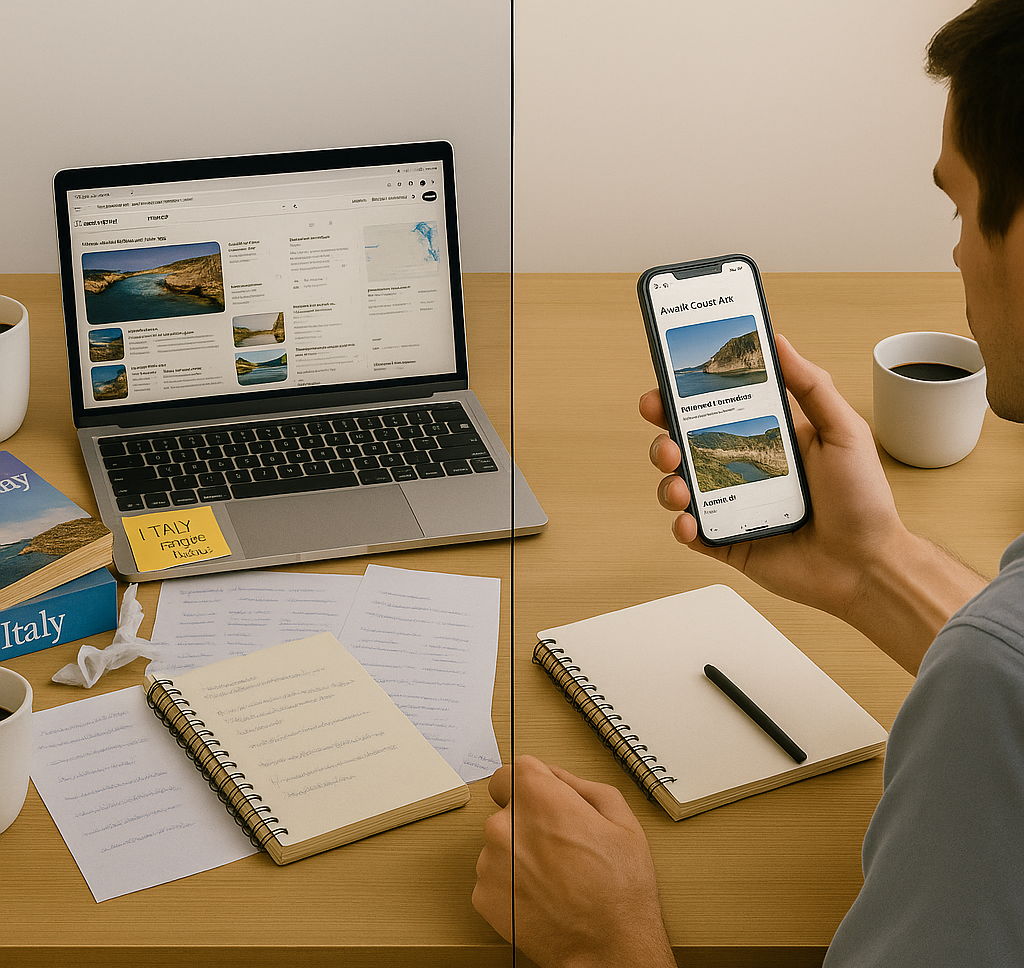 A split-screen image comparing two methods of travel planning. On the left, labeled "Without Desti," a cluttered desk has a laptop showing a search page, a notebook, and a book titled "Italy." On the right, labeled "With Desti," a person is using a smartphone showing a clean, well-organized travel app, with an empty notebook next to it