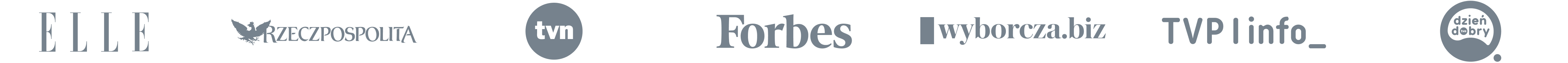 Logotypy mediów, które wspominały o PhotoAiD: ELLE, Rzeczpospolita, TVN, Forbes, Wyborcza.biz, TVP Info, Dzień Dobry TVN