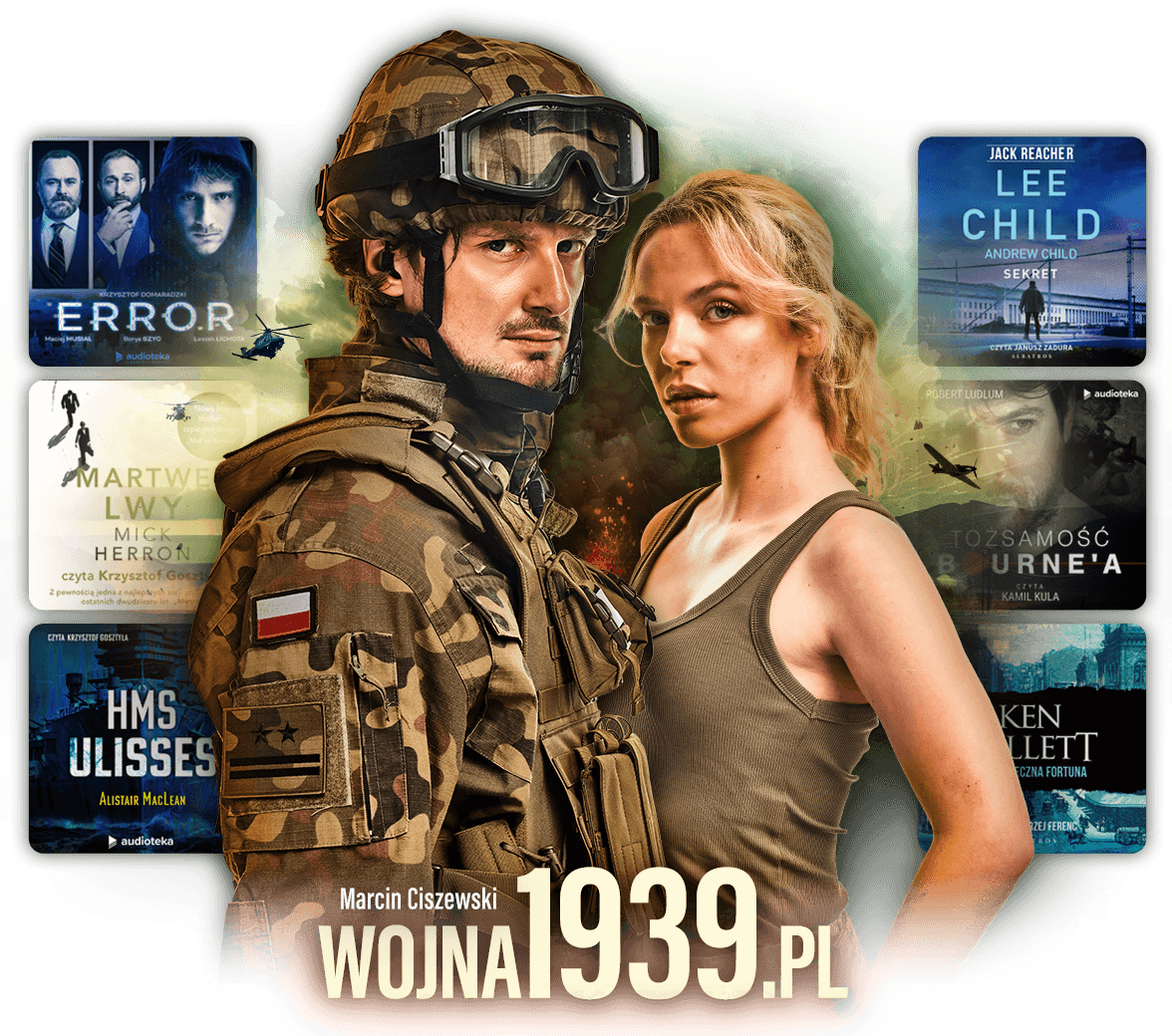 Zdjęcie z żołnierzem z kobietą, na tle okładek audiobooków