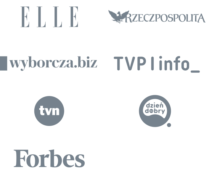 Logotypy mediów, które wspominały o PhotoAiD: ELLE, Rzeczpospolita, TVN, Forbes, Wyborcza.biz, TVP Info, Dzień Dobry TVN