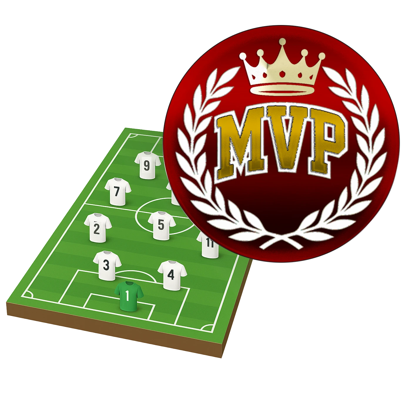 Odznaka MVP w tle grafika z boiskiem piłkarskim i jedenaście koszulek