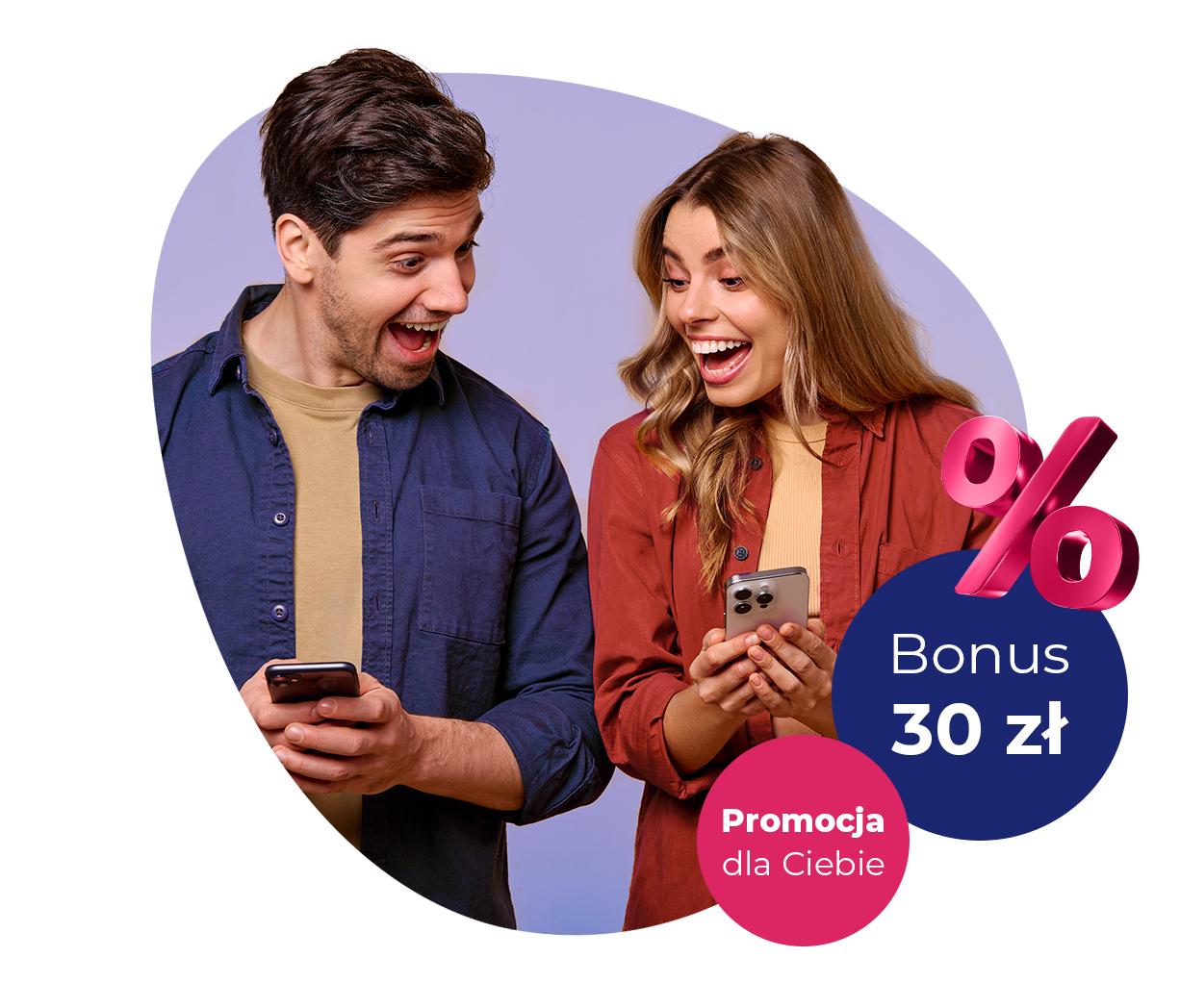 Młodzi, uśmiechnięci kobieta i mężczyzna zaglądający w telefony komórkowe. Dodatkowe elementy: znak %, kółka z napisami "Bonus 30 zł" oraz "Promocja dla Ciebie"