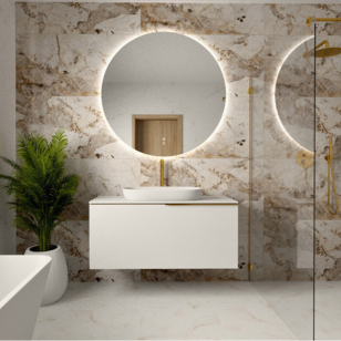 Projekt łazienki w jasnym stylu z elegancką strukturą kamienia Salon Łazienek Kraków