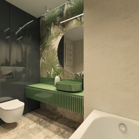 Zielona umywalka nablatowa na tle liści Owalna umywalka nablatowa w oliwkowym odcieniu na tle ściany z motywem roślinnym – elegancki projekt łazienki