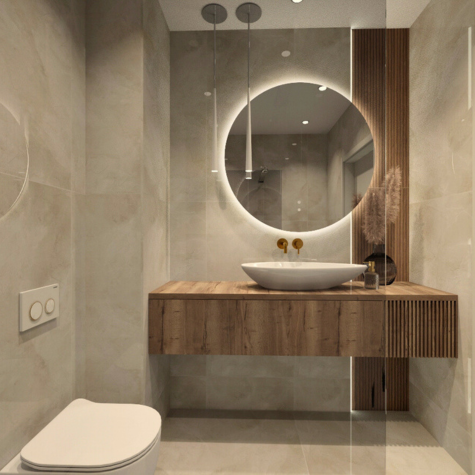 Nowoczesne projekty łazienek Kraków Minimalistyczna łazienka z drewnianymi akcentami