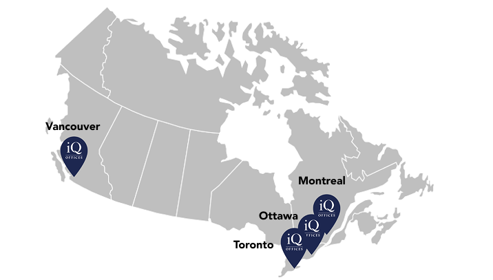 A map of the iQ Offices locations across Canada