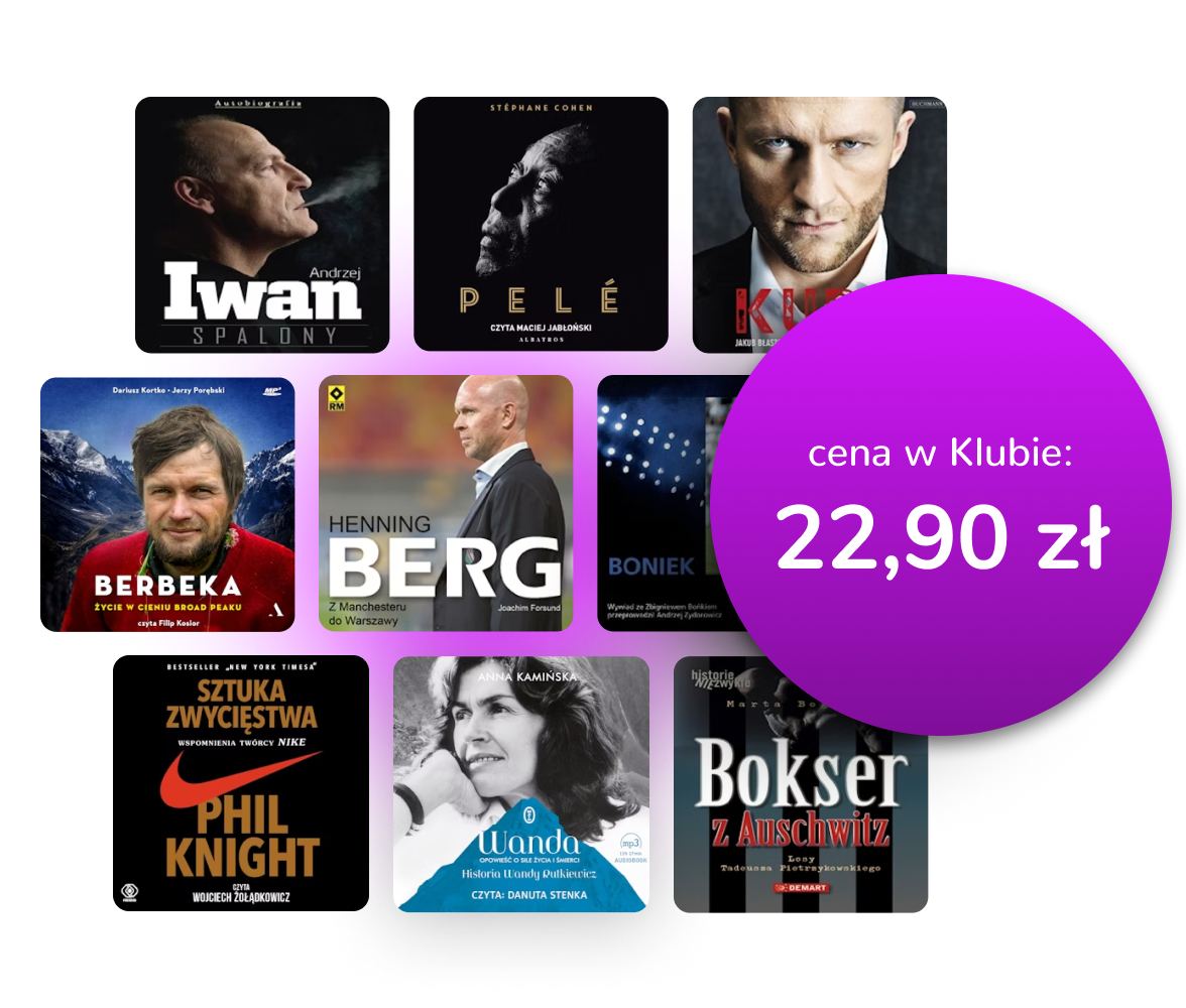 Okładki dostępnych audiobooków z nałożoną na nie ceną 22,99 zł