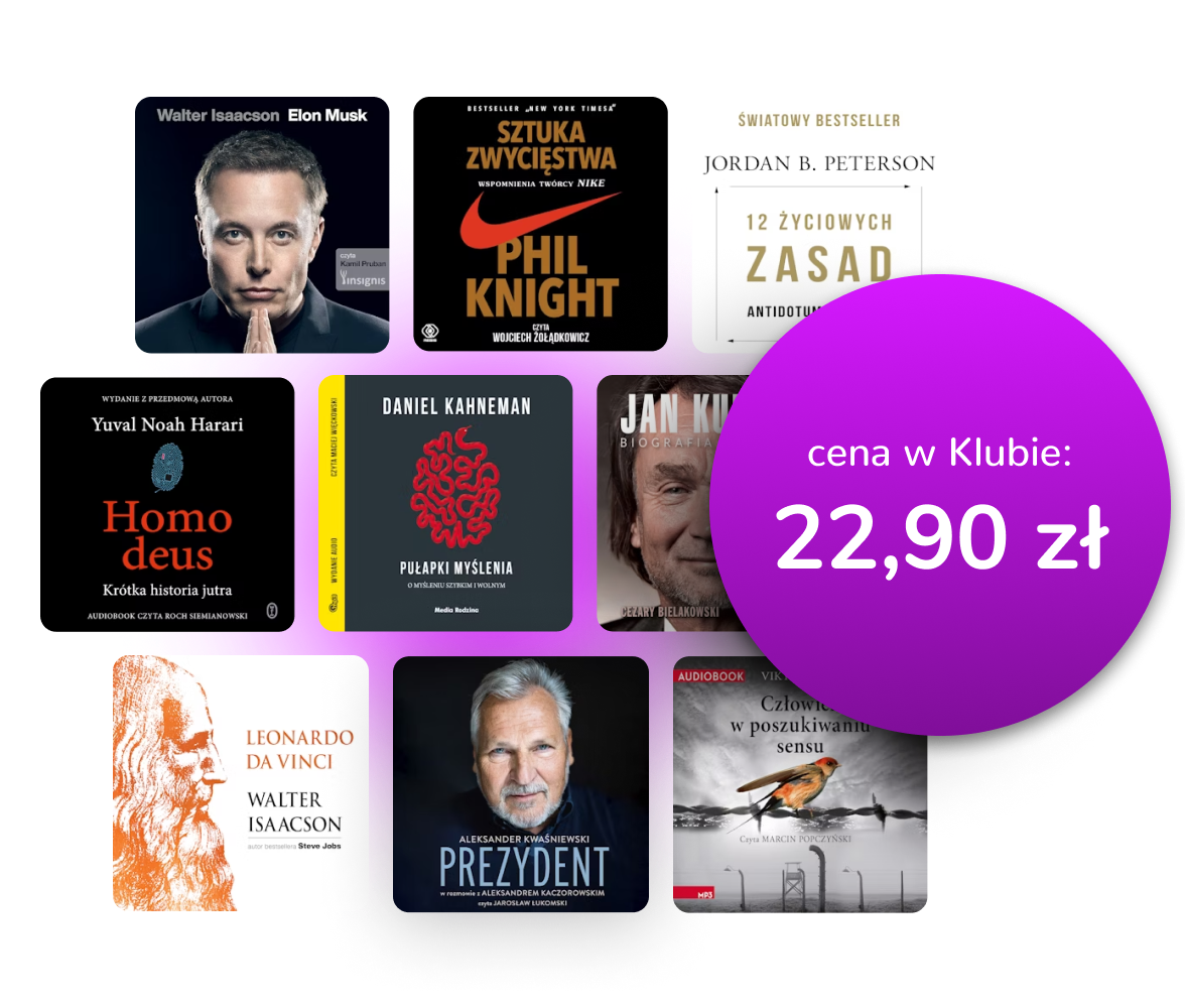 Okładki dostępnych audiobooków z nałożoną na nie ceną 22,99 zł