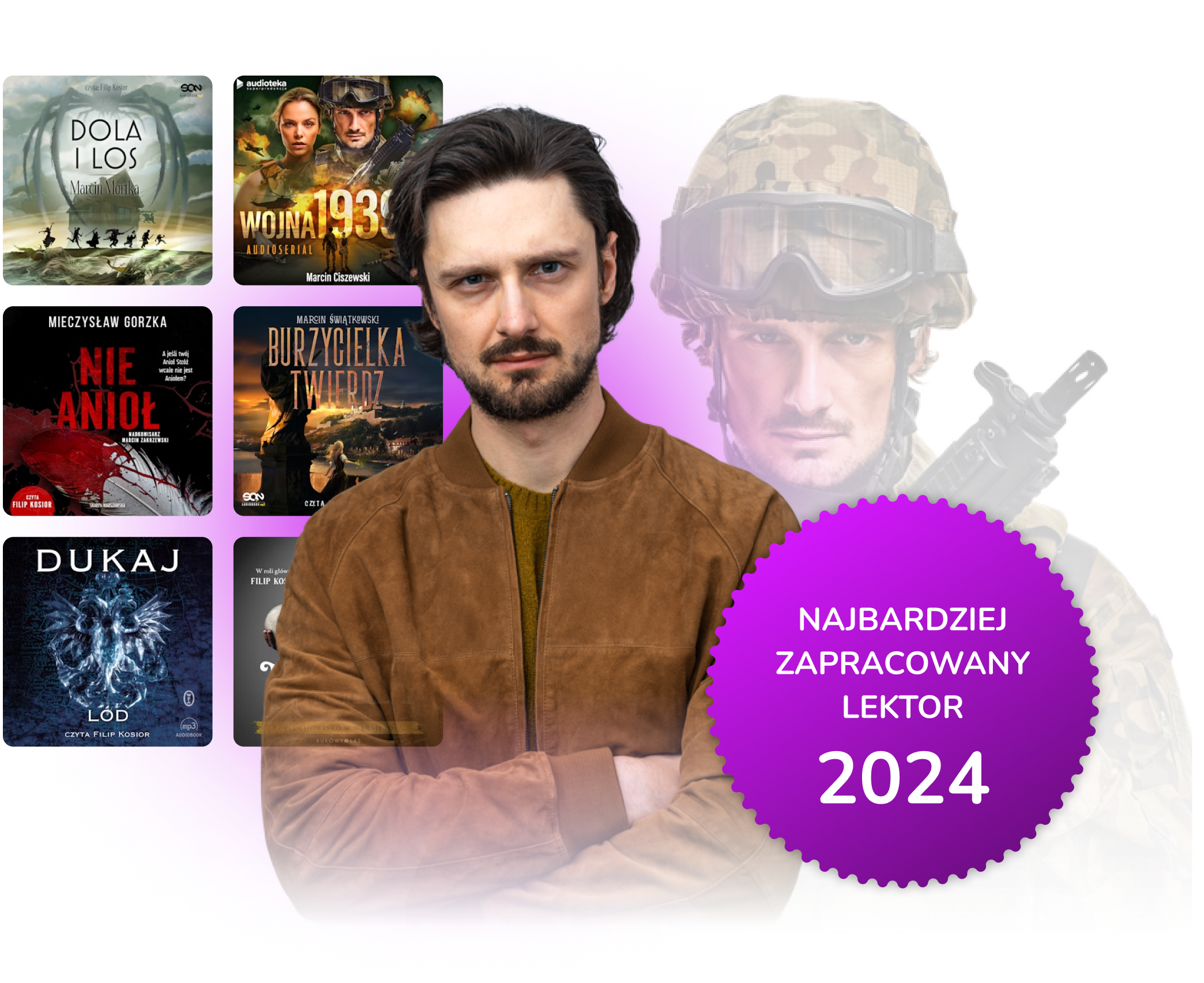 Zdjęcie mężczyzny z badgem "Najbardziej zapracowany lektor 2024"