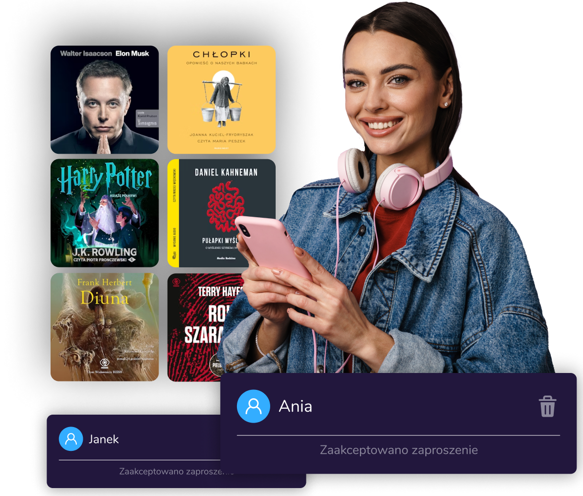Zdjęcie przedstawiające młodą kobietę korzystającą z aplikacji Audioteki