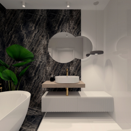 Ściana z ciemnym wybarwieniem została wyłożona płytkami Elektra Nero od Cristal Cerámicas. Projektowanie łazienek Kraków