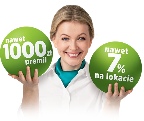 uśmiechnięta kobieta z ofertą nawet 1000 złotych premii i nawet siedem procent na lokacie