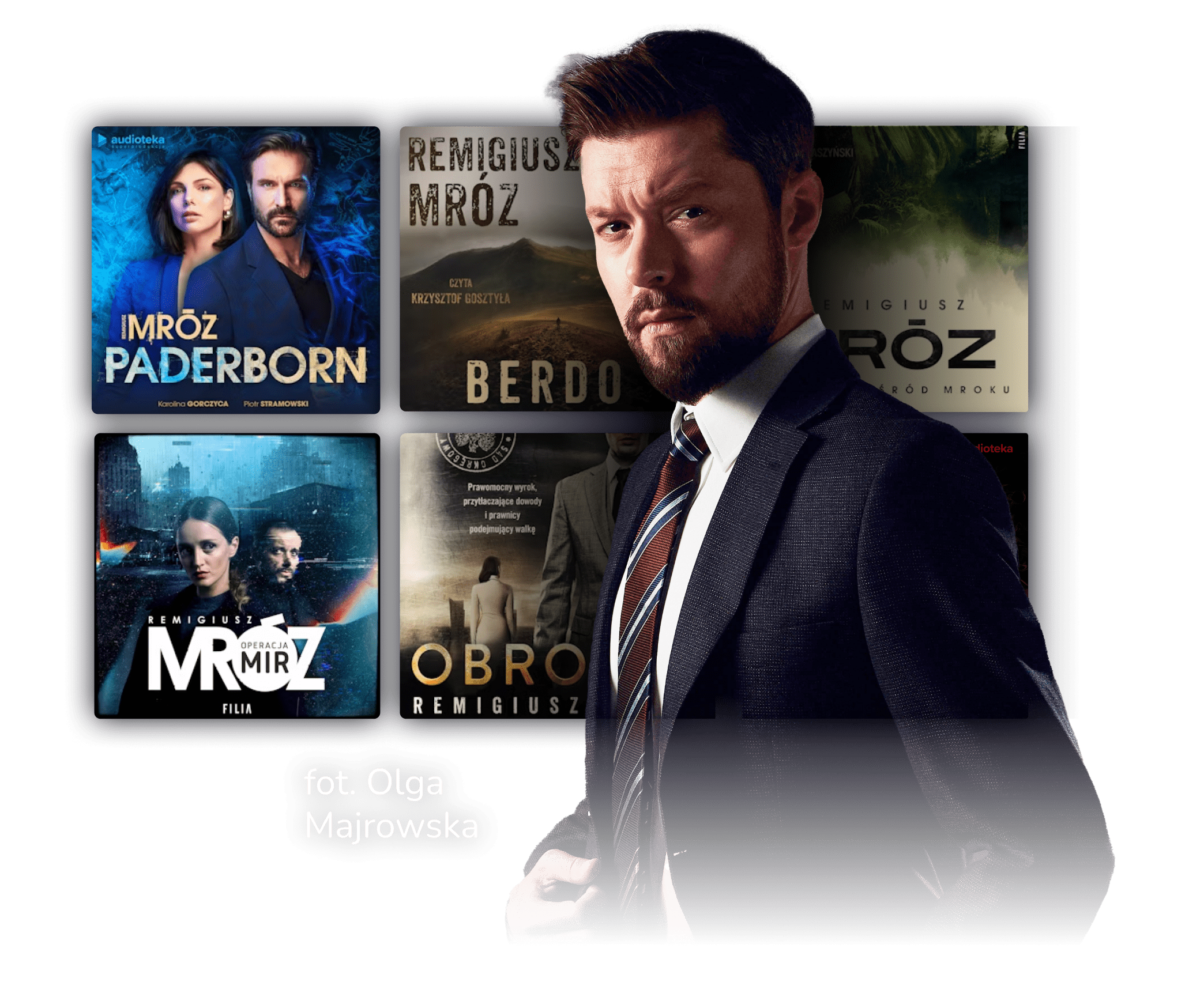 Zdjęcie męczyzny na tle okładek audiobooków