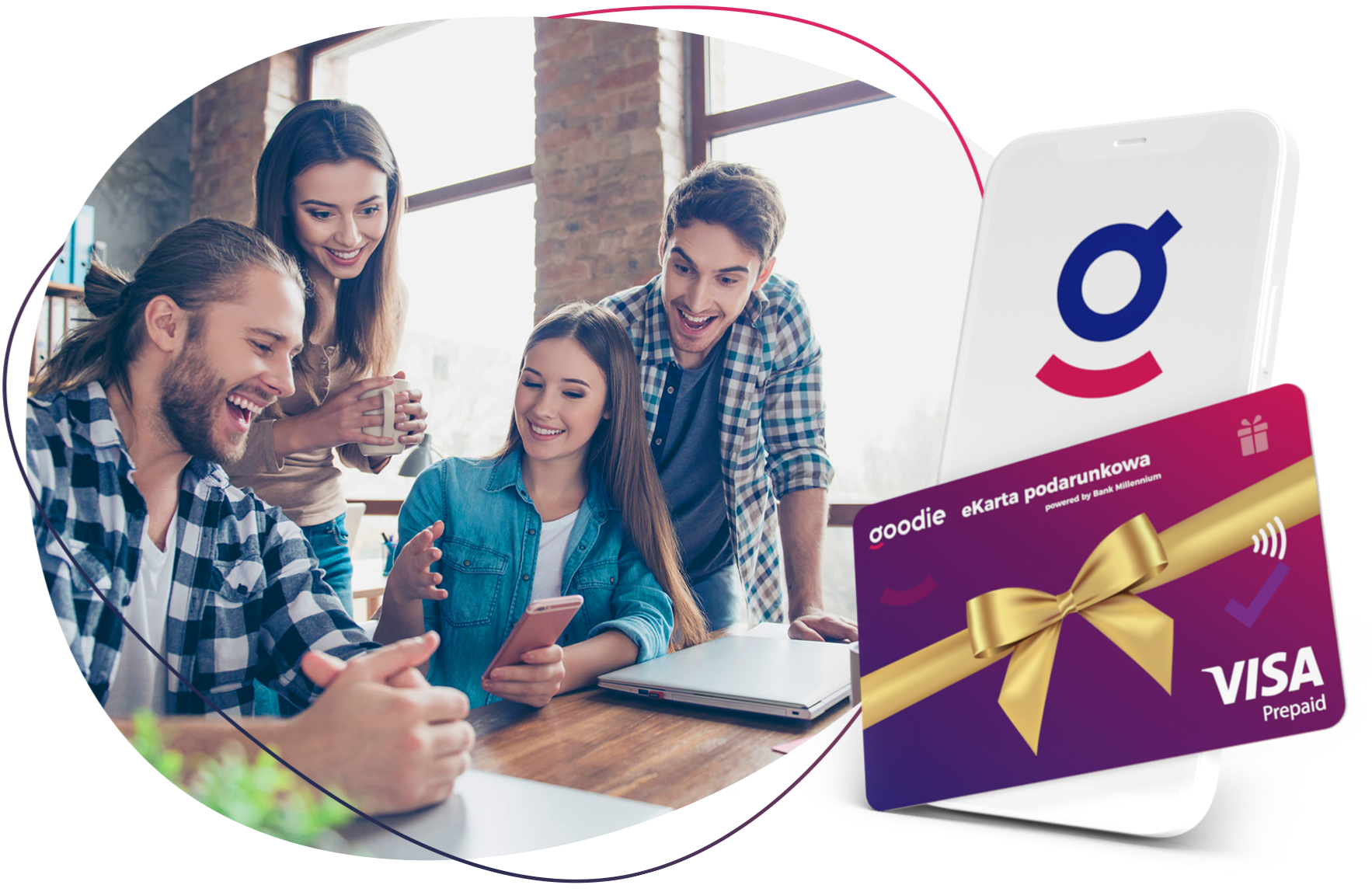 Uśmiechnięta grupa ludzi wpatrzona w telefon kom&oacute;rkowy. Na pierwszym planie - wizerunek telefonu kom&oacute;rkowego z sygnetem goodie oraz wizerunkiem eKarty podarunkowej