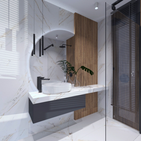 Płytki Kendall Mate od hiszpańskiego producenta Navarti stanowią bazę projektu. Wizualizacja i projektowanie lazienek Kraków