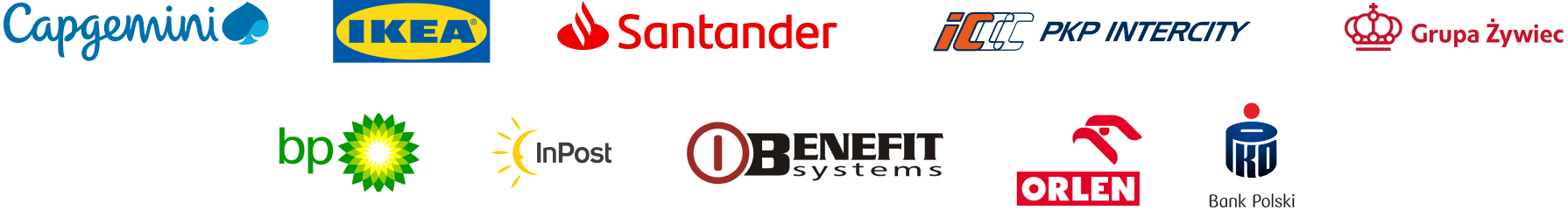 Capgemini, Ikea, Santander, PKP Intercity, Grupa Żywiec, bp, InPost, Benefit Systems, Orlen, Bank Polski