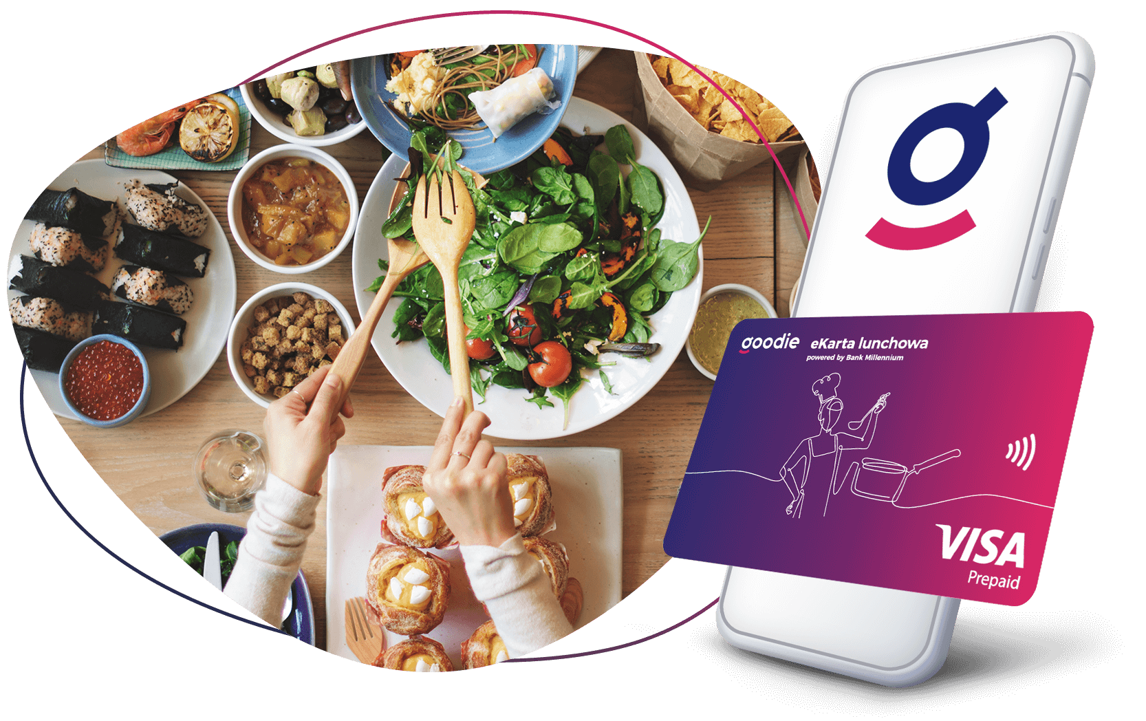 St&oacute;ł z jedzeniem. Na pierwszym planie wizerunek telefomu kom&oacute;rkowego z sygnetem goodie oraz wizerunek eKarty lunchowej.