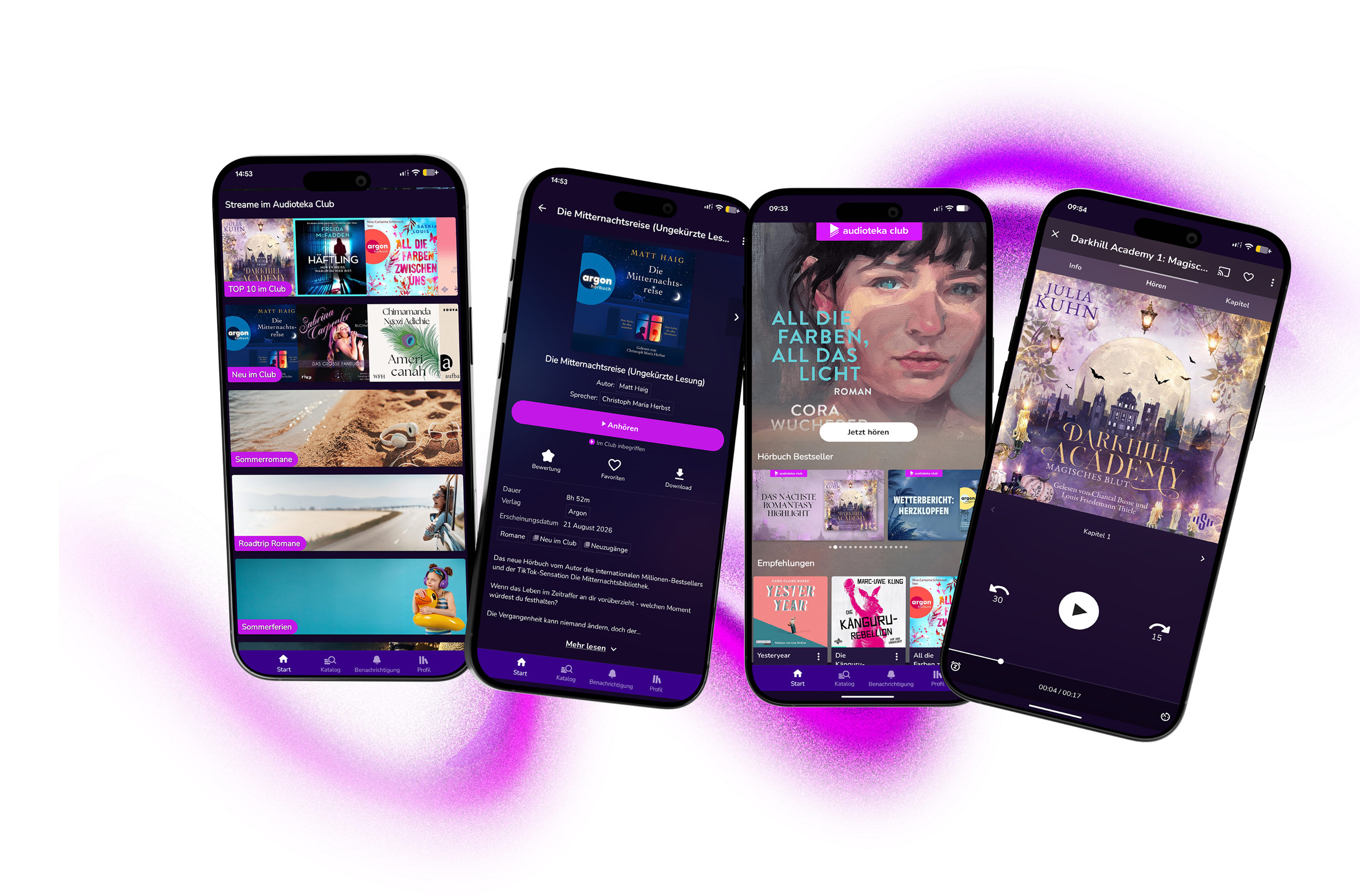 F&uuml;nf nebeneinander stehende Smartphones zeigen verschiedene Bildschirme einer App mit Play-Buttons, Titeln und Vorschaubildern