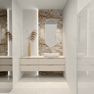 Projekt łazienki w jasnym stylu z elegancką strukturą kamienia Salon Łazienek Kraków