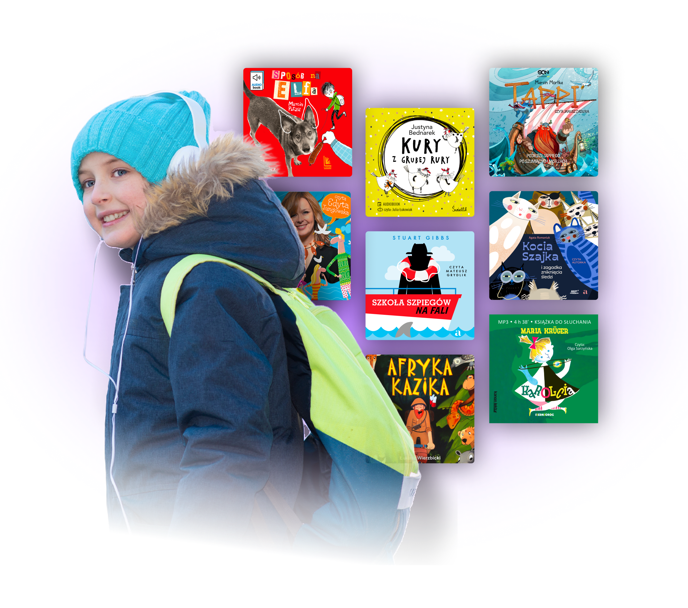 Zdjecie dziecka słuchającego audiobooka w aplikacji, w tle okładki audiobook&oacute;w